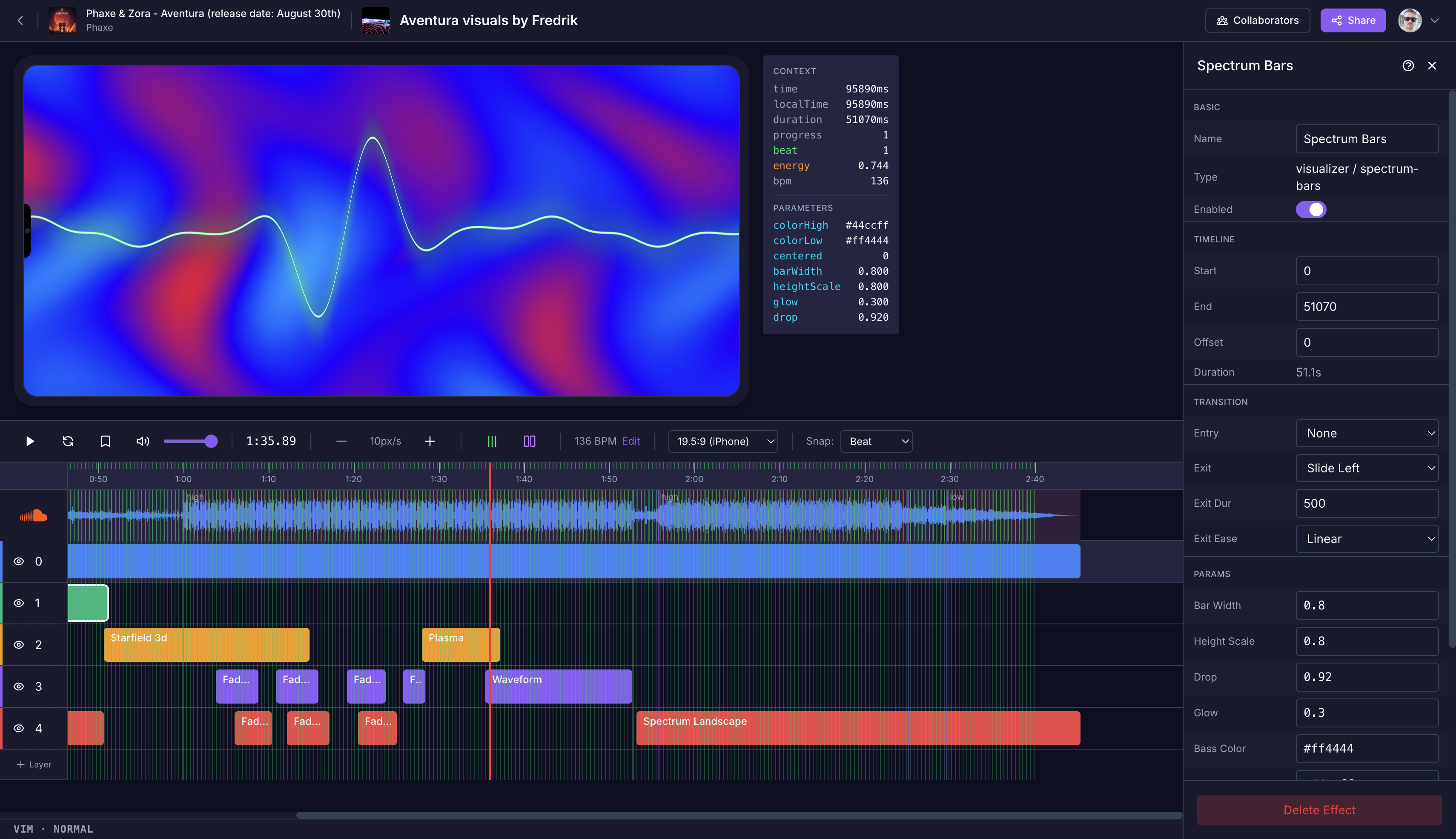 BeatCanvas editor showing a timeline-based visualization project with real-time preview
